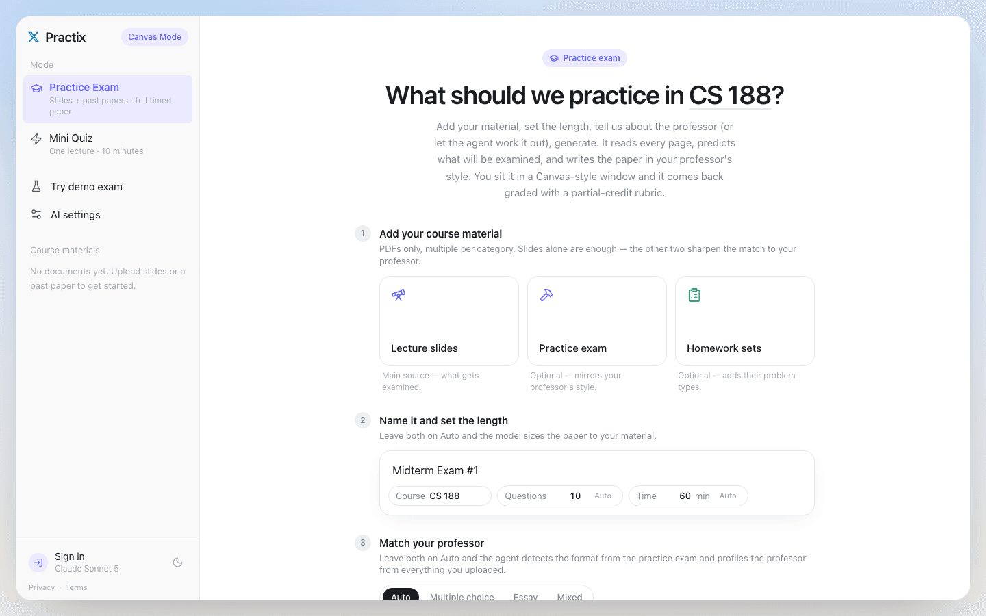 Practix home screen, practice exam builder