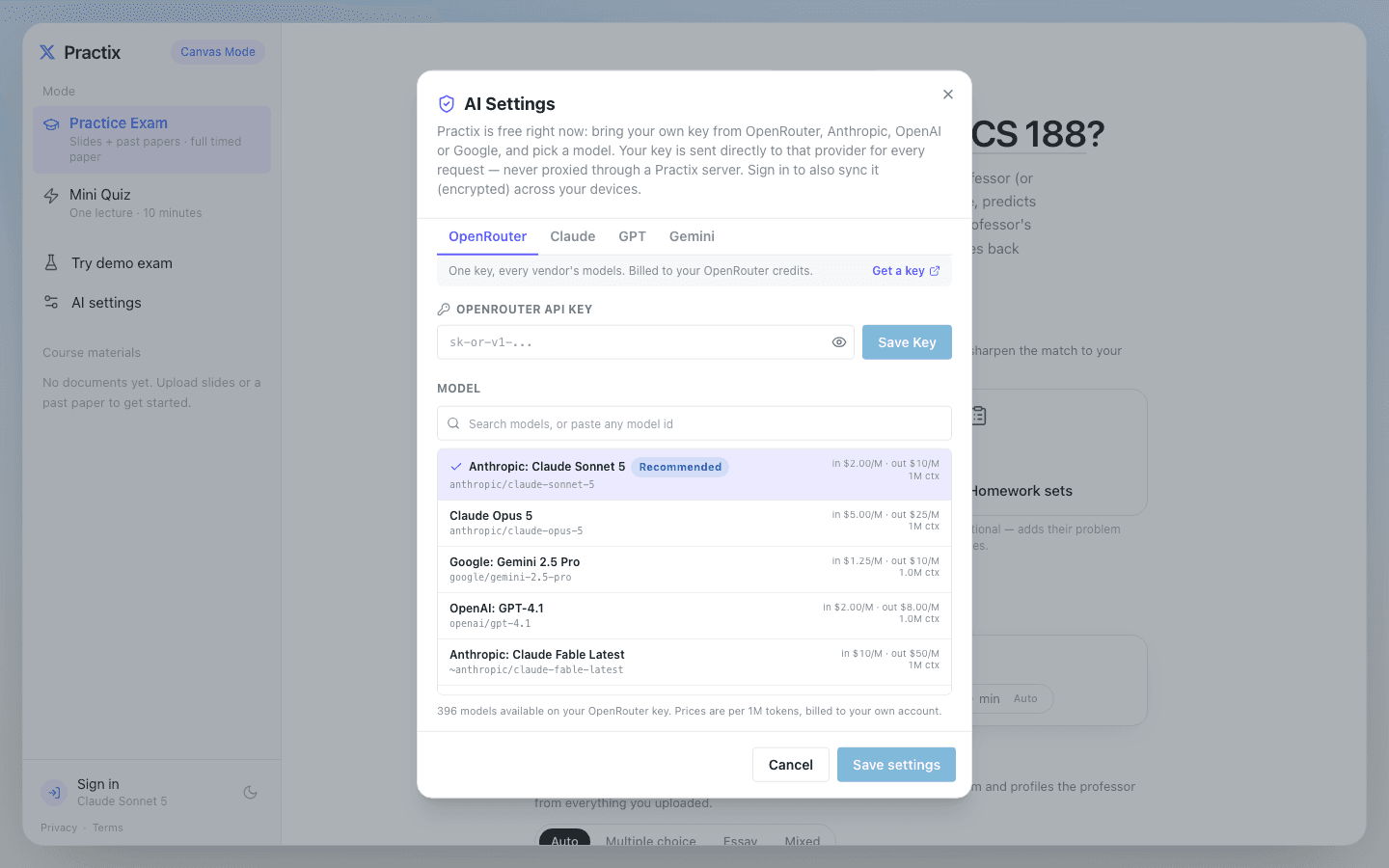AI Settings modal with OpenRouter model picker