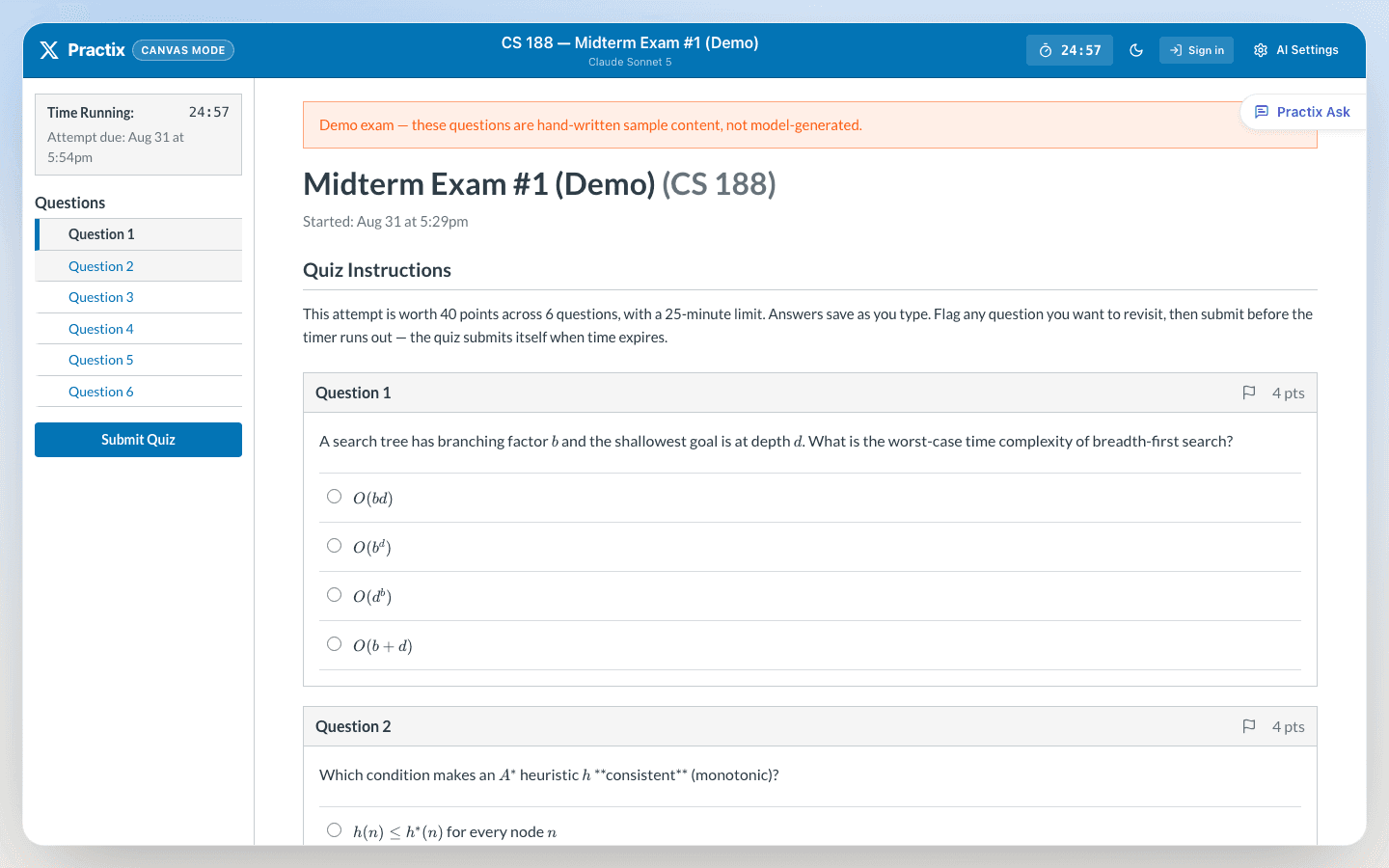 Canvas-style timed exam interface