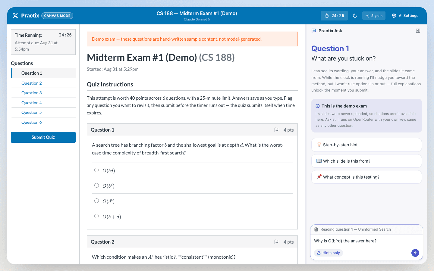 Practix Ask panel open next to an exam question